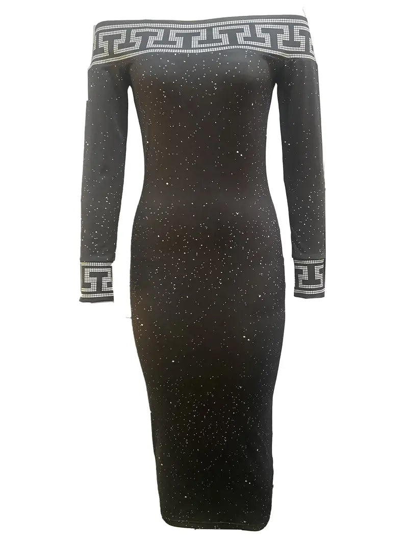 Sexy Black & Silver Italian Print Bodycon Midi Dress