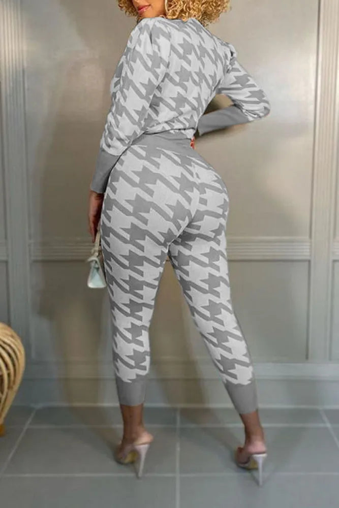 Latte Taupe 2pc Houndstooth Print Jogger Set