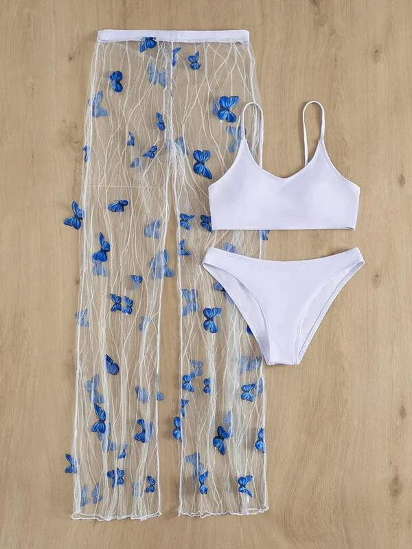 Sexy White & Blue Butterfly 3pc Bikini & Coverup Pant Set