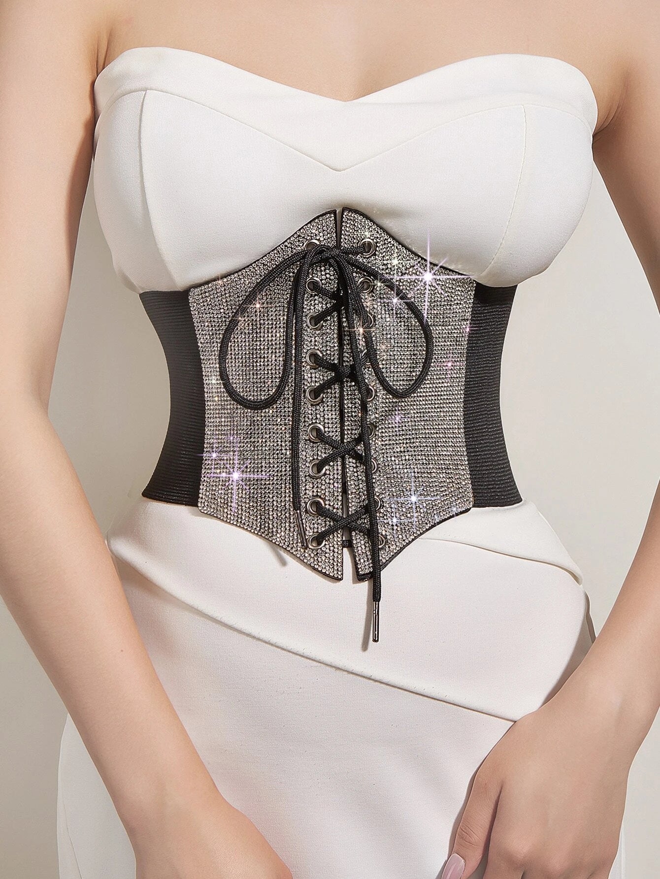 Sexy Victorian Inspired Rhinestone Crystal Diamante Bejeweled Black & Silver Corset Belt