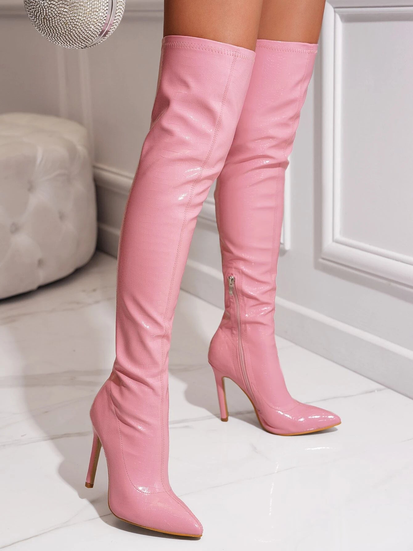 Pink Patent Croc Print Boots