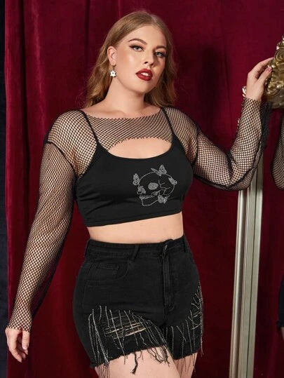 Gothic Romance Plus Black Fishnet Crop Top