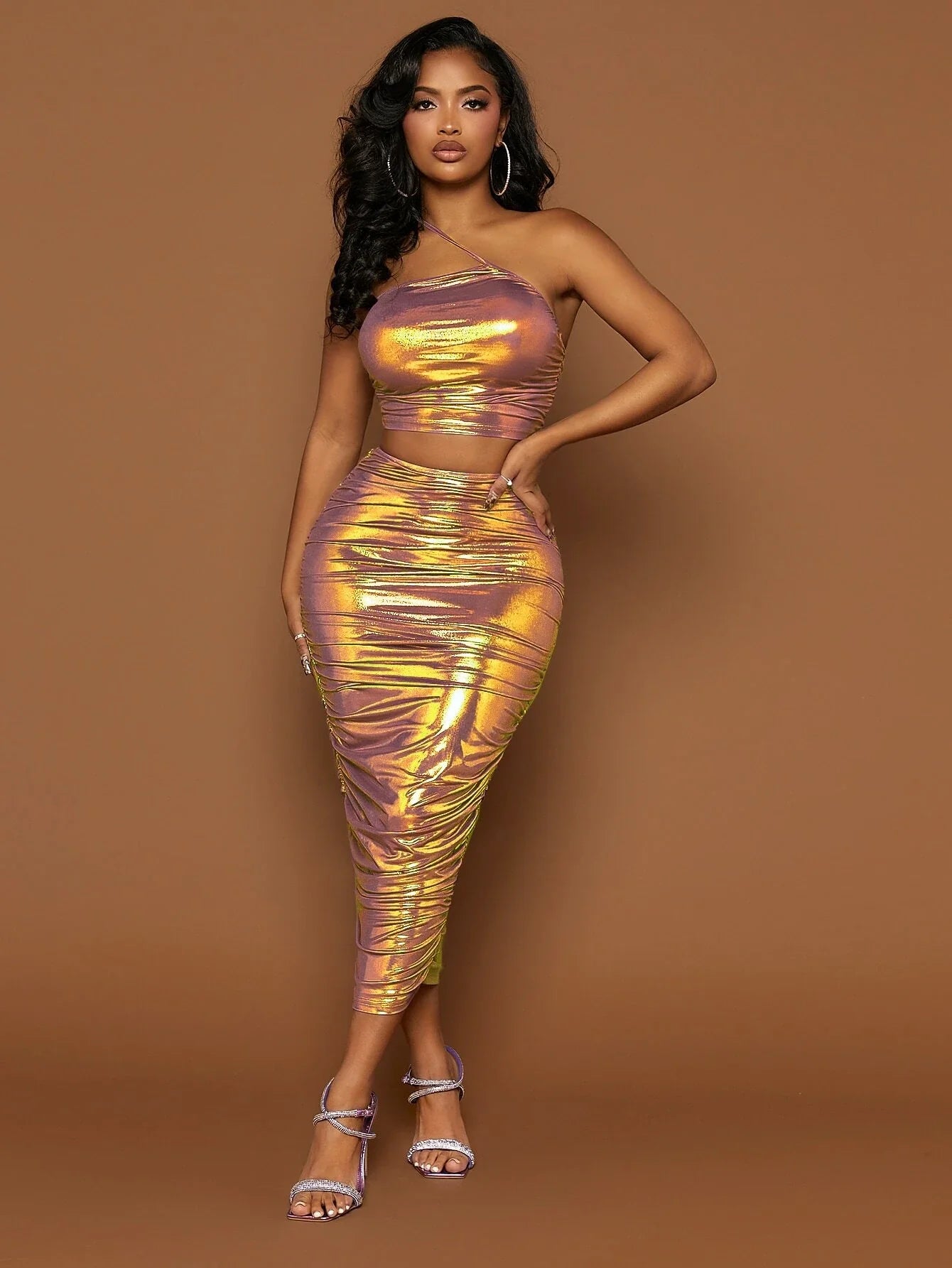 Sexy Iridescent Gold Top & Skirt Set