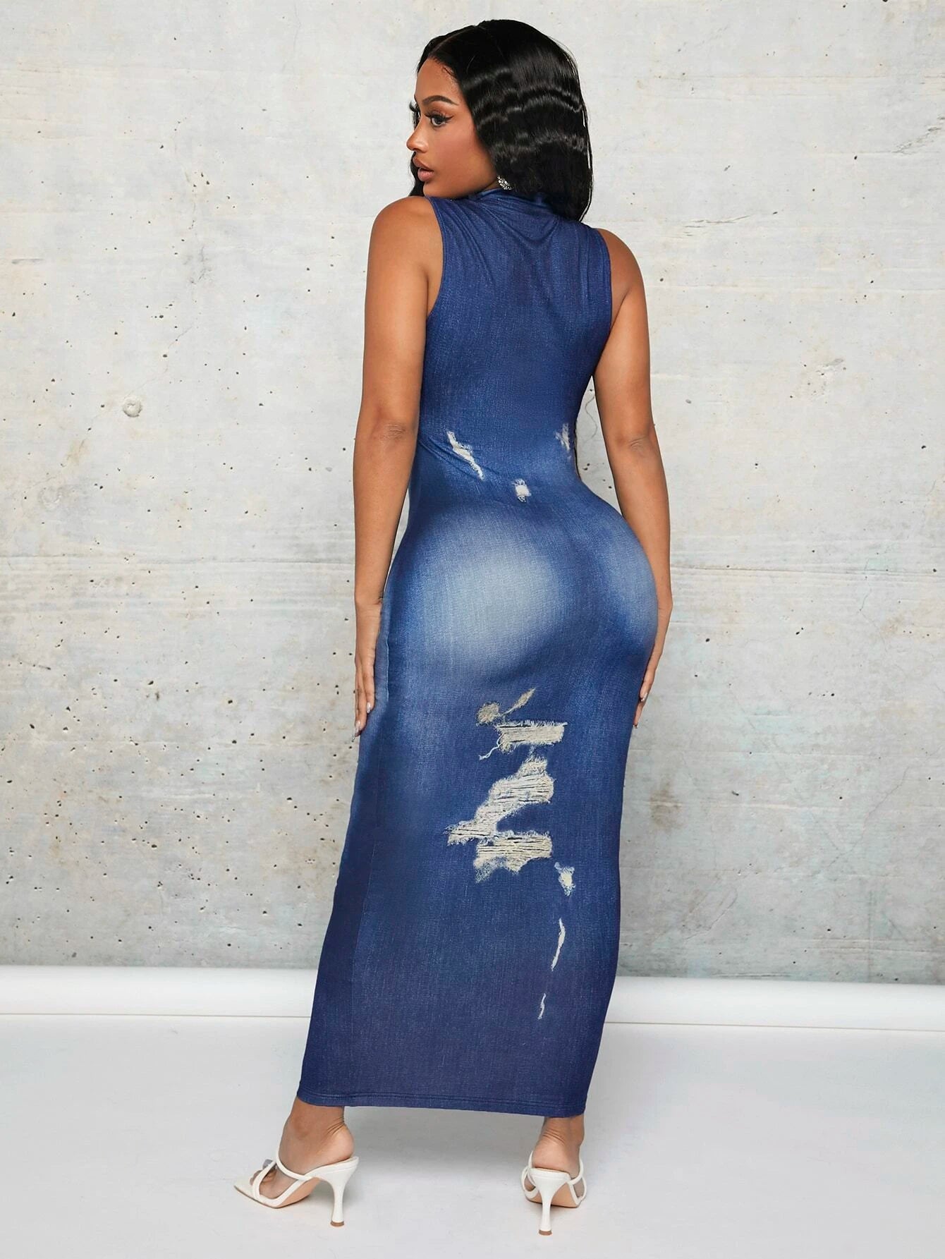 Sexy Blue Distressed Denim Look Bodycon Dress