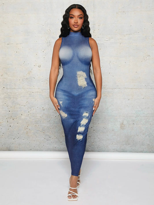 Sexy Blue Distressed Denim Look Bodycon Dress