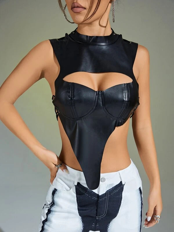 Gothic Romance Sexy Black Faux Leather Backless Top