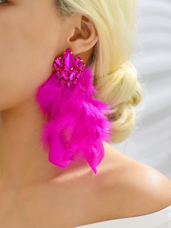 Fuchsia Feather Rhinestone Earrings