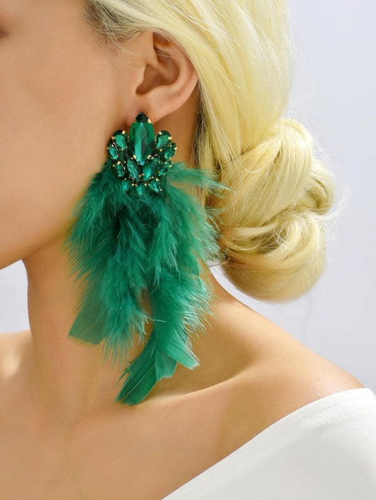 Green Feather Rhinestone Earrings