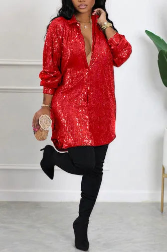 Red Sequin Shirt Dress