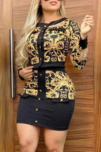 Italian Print Black & Gold Bodycon Skirt Set