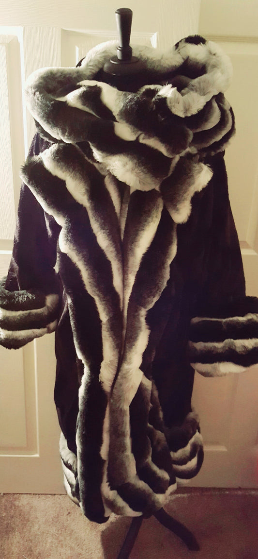 Faux Chinchilla Fur Black & White Satin & Faux Fur Reversible Gatsby Inspired Cocoon Maxi Coat