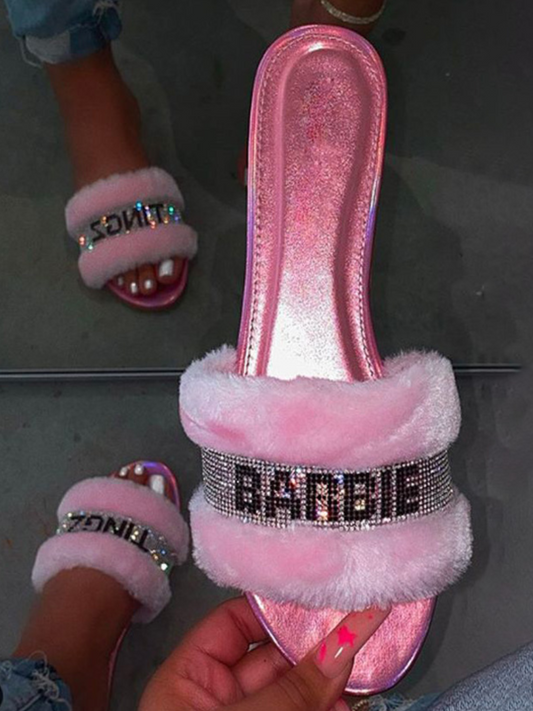 Barbie Tingz Pink Fur Rhinestone Crystal Slippers