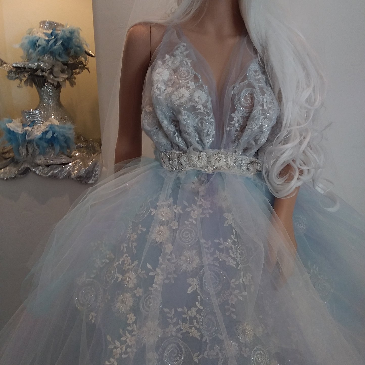 "MORWENNA" Blue White & Lavender Lace & Tulle Wedding Ballgown Set