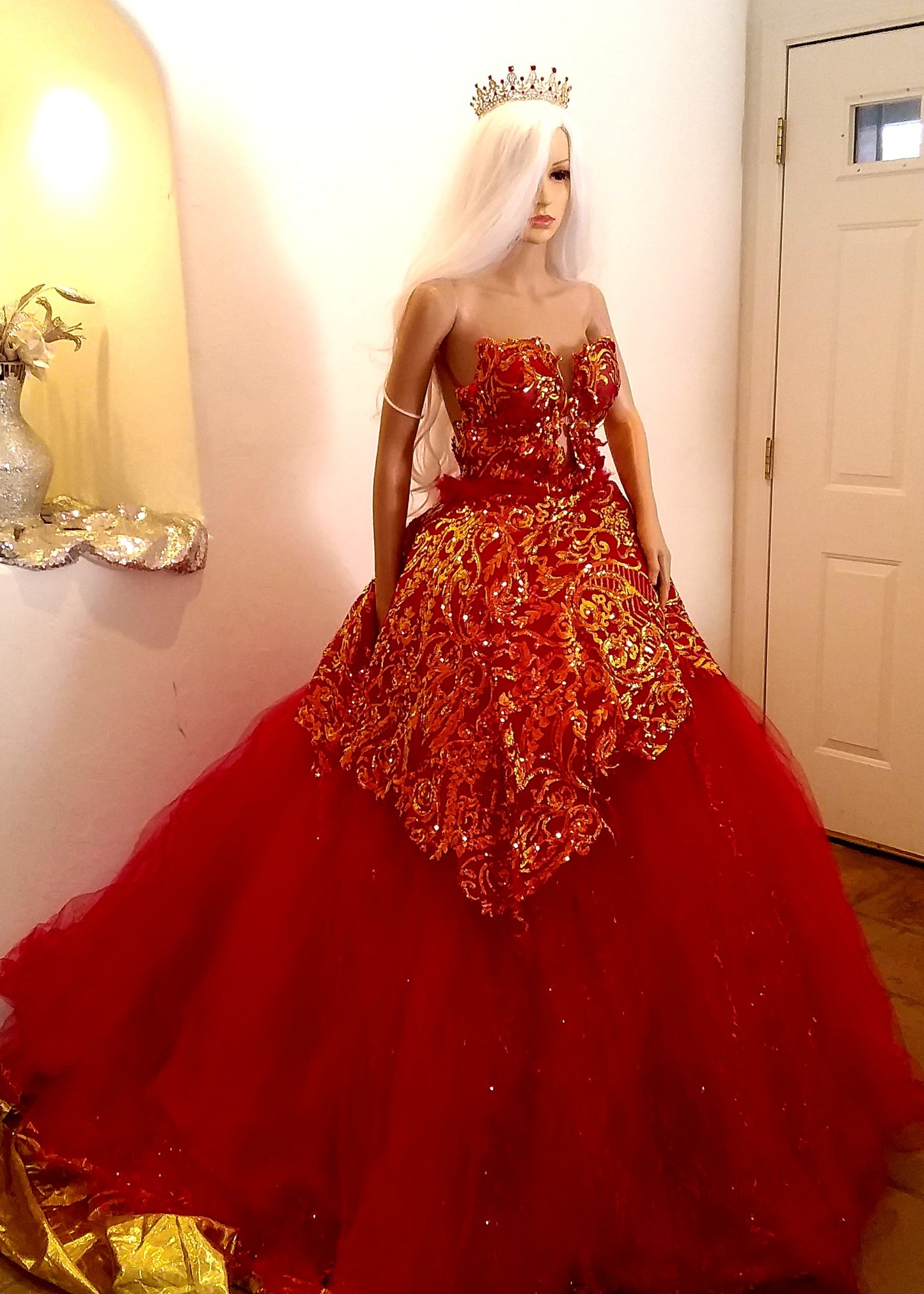 " EMBER" Red & Gold Sequin Tulle Indian Wedding Ballgown Set