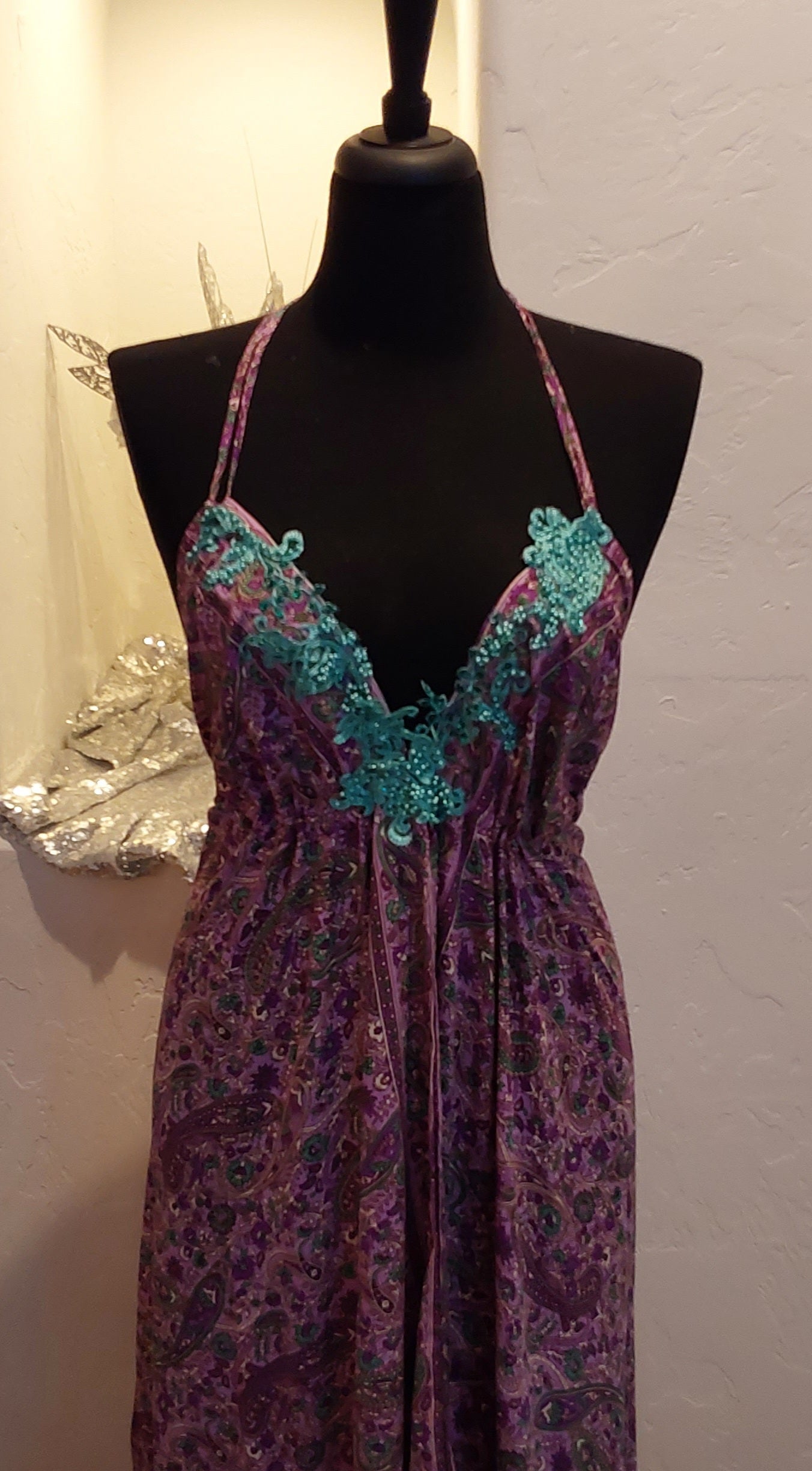 Purple Floral Silk Backless Maxi Dress