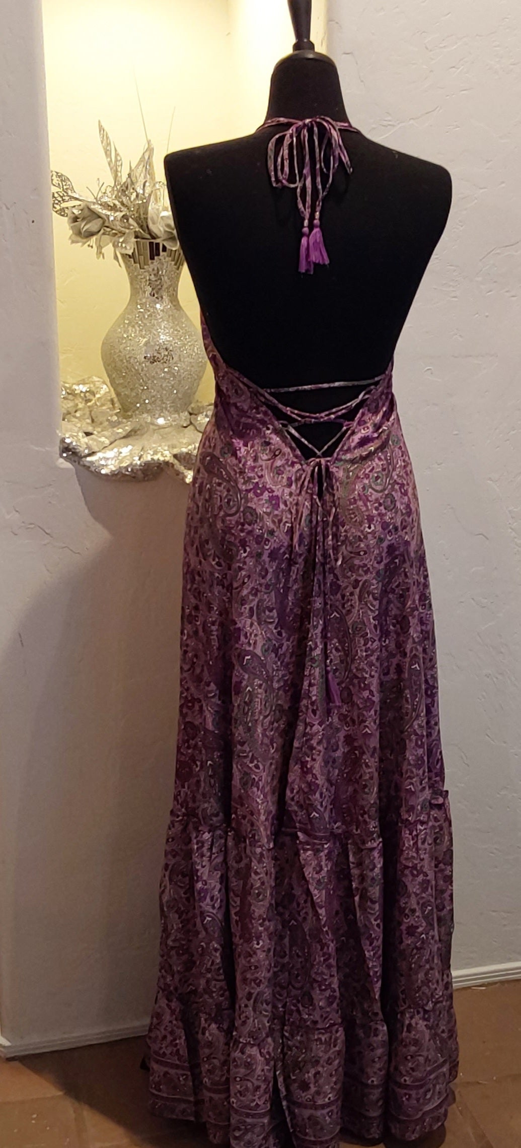 Purple Floral Silk Backless Maxi Dress