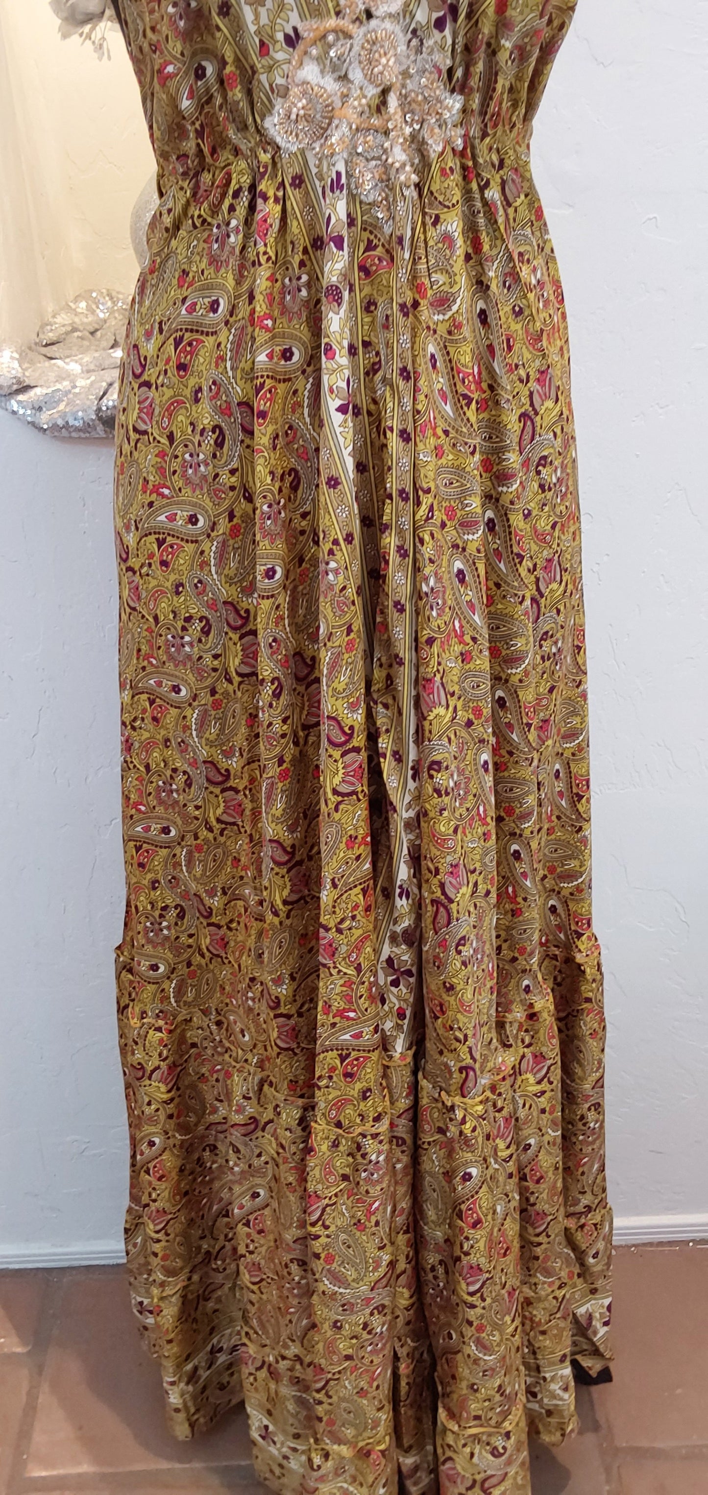 Gold Floral Silk Backless Maxi Dress