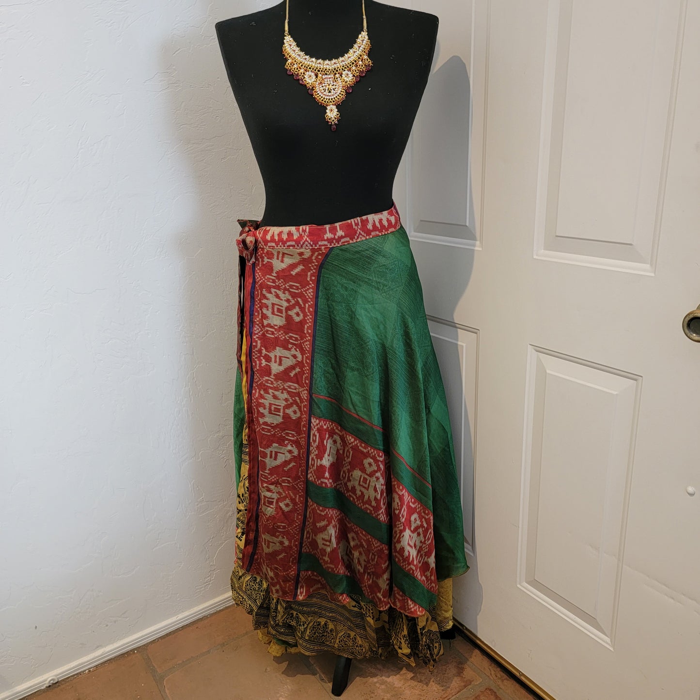 Boho Festival Green/ Gold Print Silk Reversible Wrap Maxi Skirt