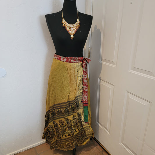 Boho Festival Green/ Gold Print Silk Reversible Wrap Maxi Skirt