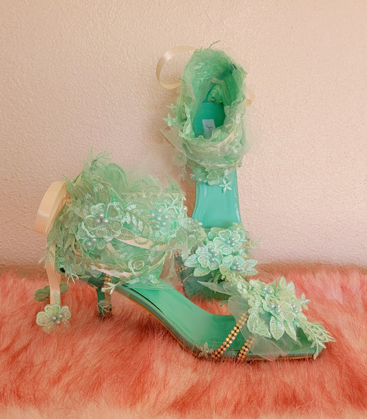 "LADY STEPHANIE" Mint Crystal & Lace Heels