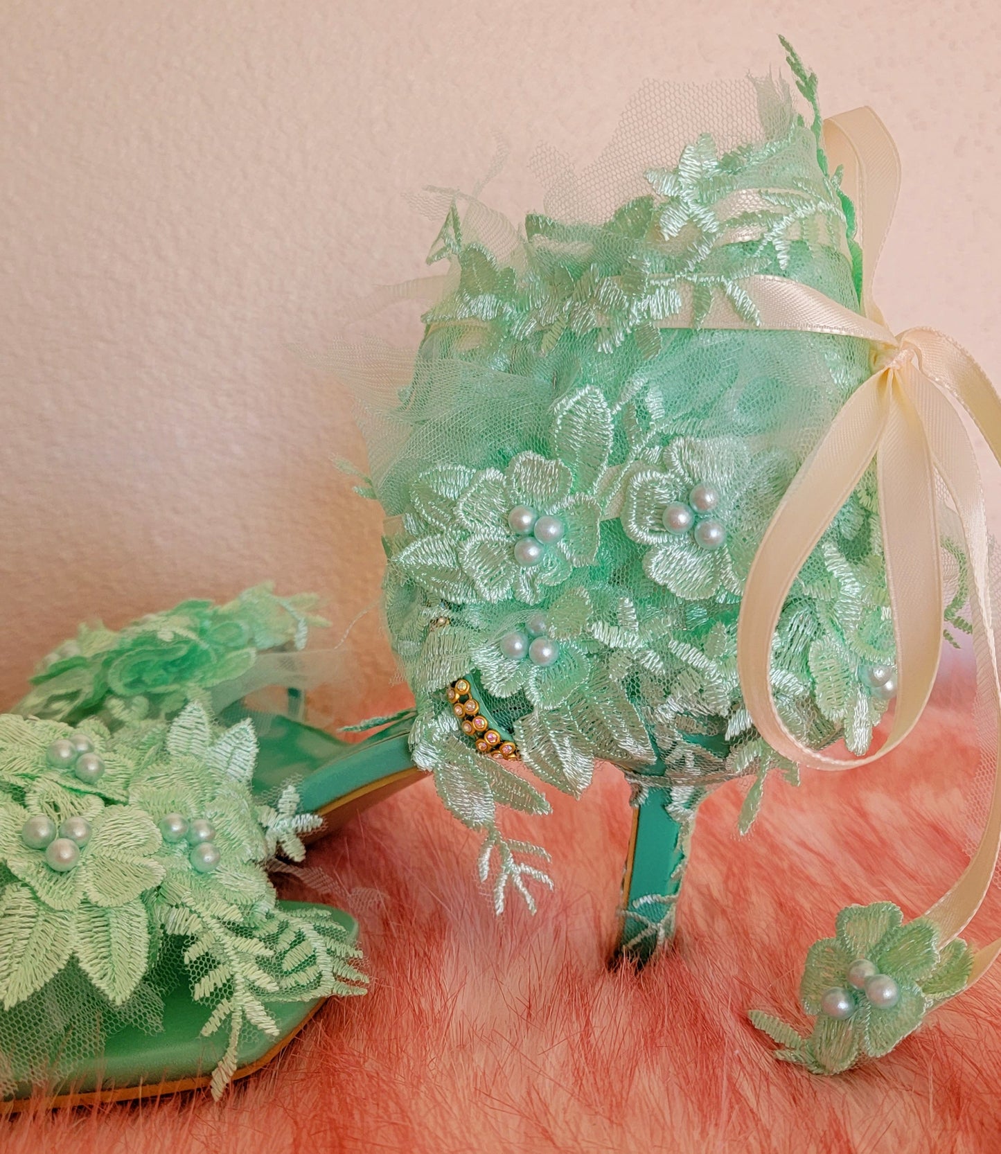 "LADY STEPHANIE" Mint Crystal & Lace Heels