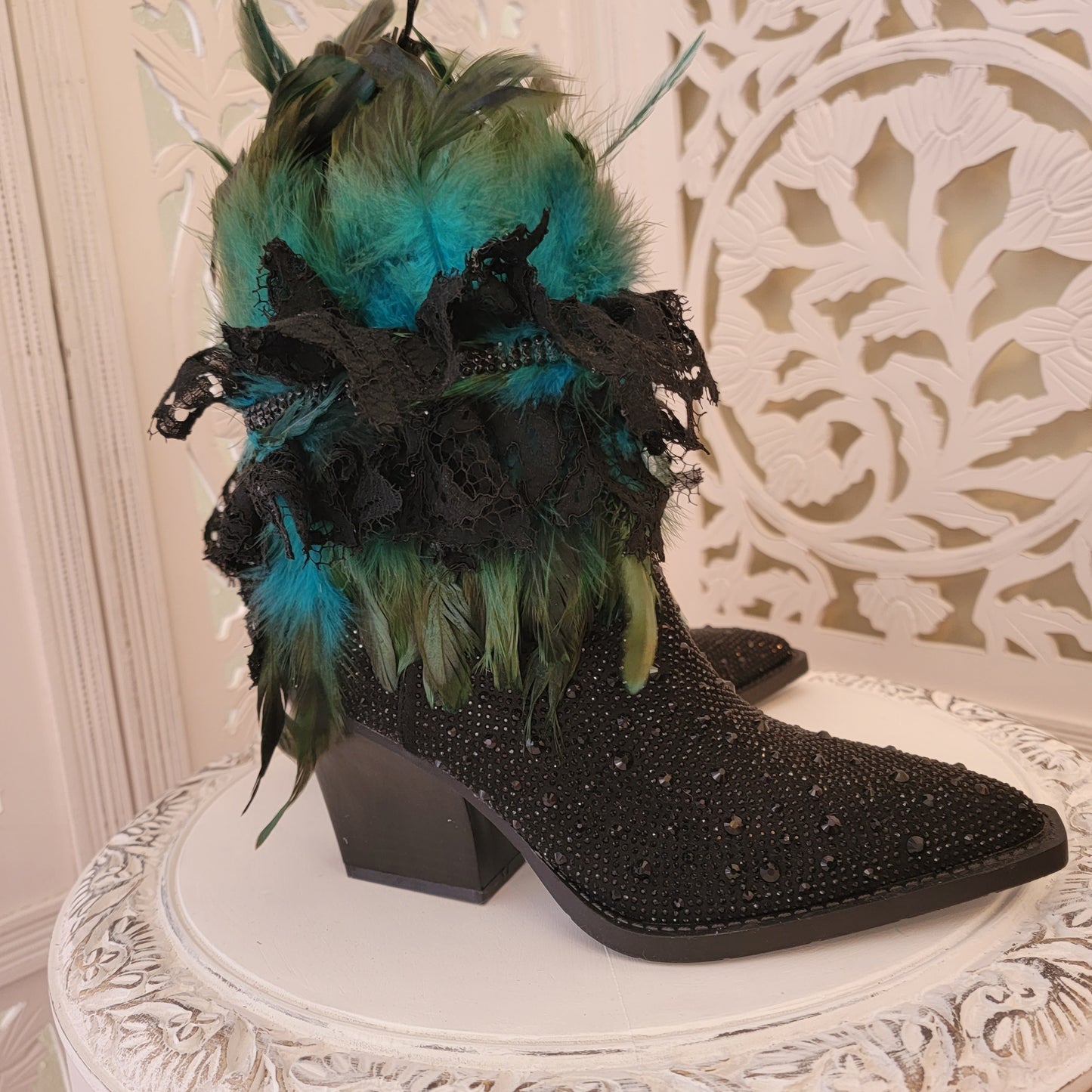 "JHETTA" Custom Order Black & Green Crystal Feather Ankle Boots