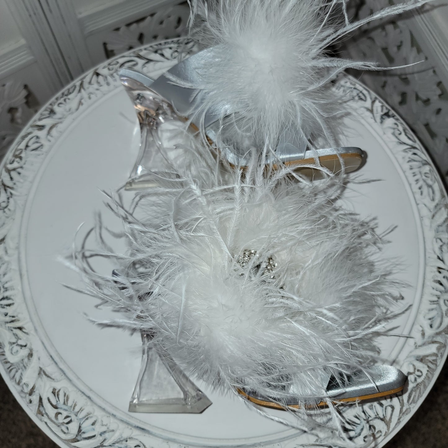 "WHITE SWAN" Silver & White Feather Mules