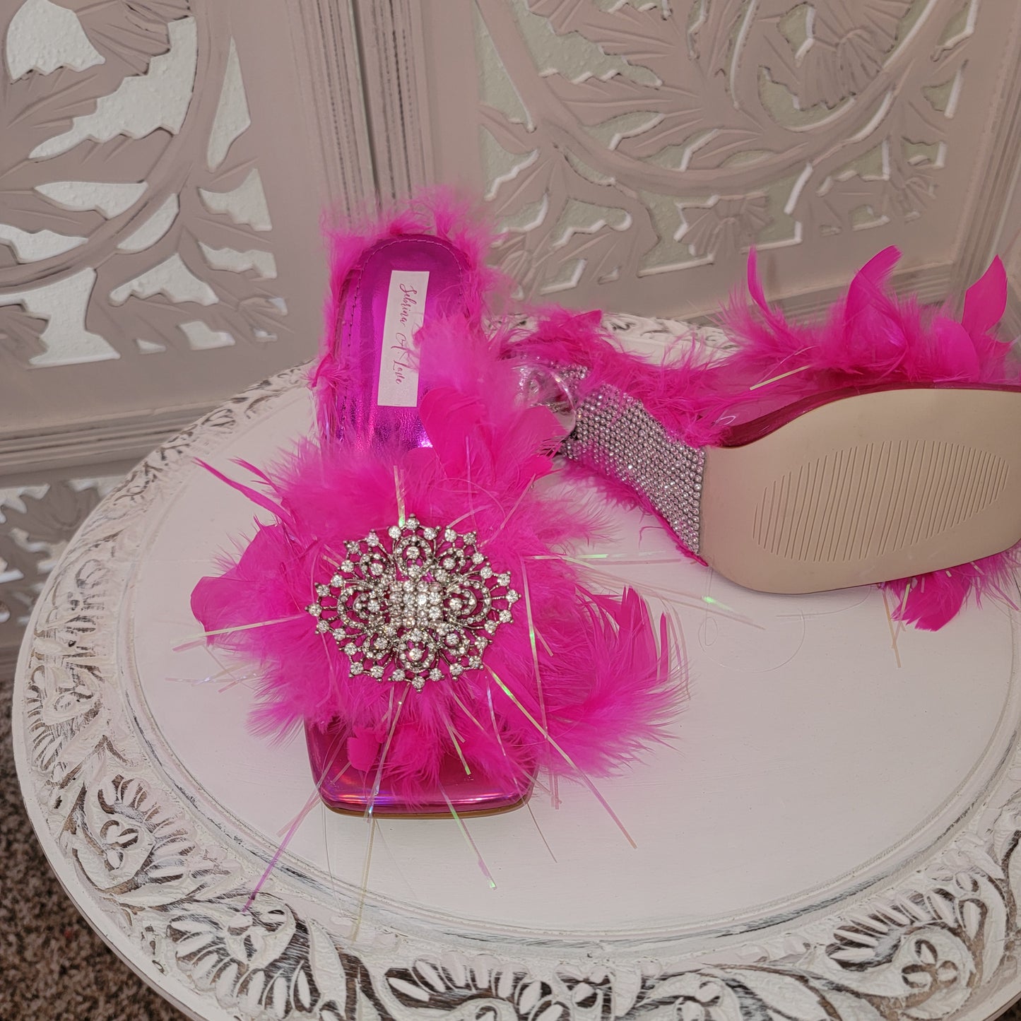 "LAYLA" Hot Pink Crystal Feather Barbielicous Heels