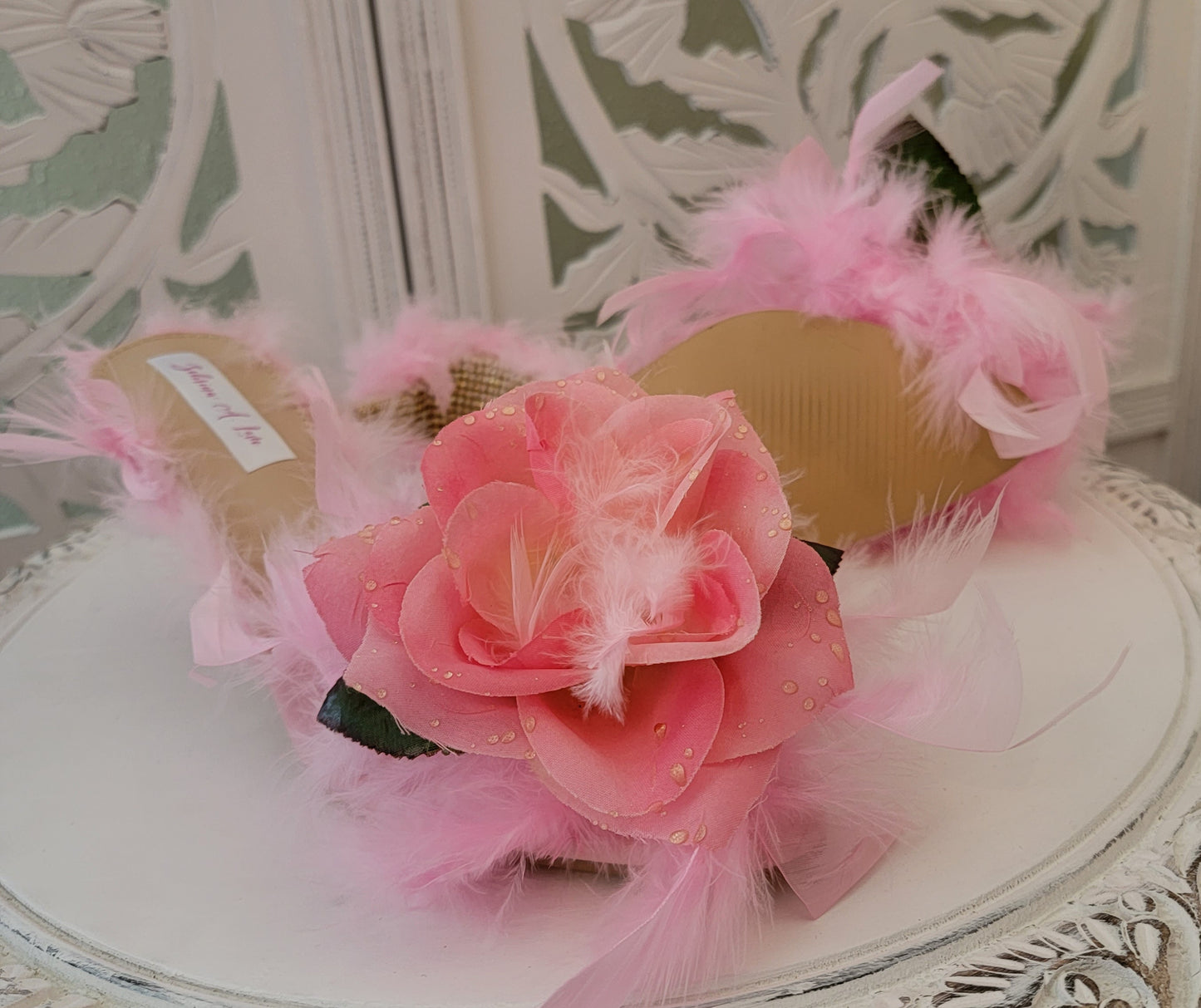 "LADY FEATHERINGTON" Baby Pink Feather Rose Crystal Mule Heels