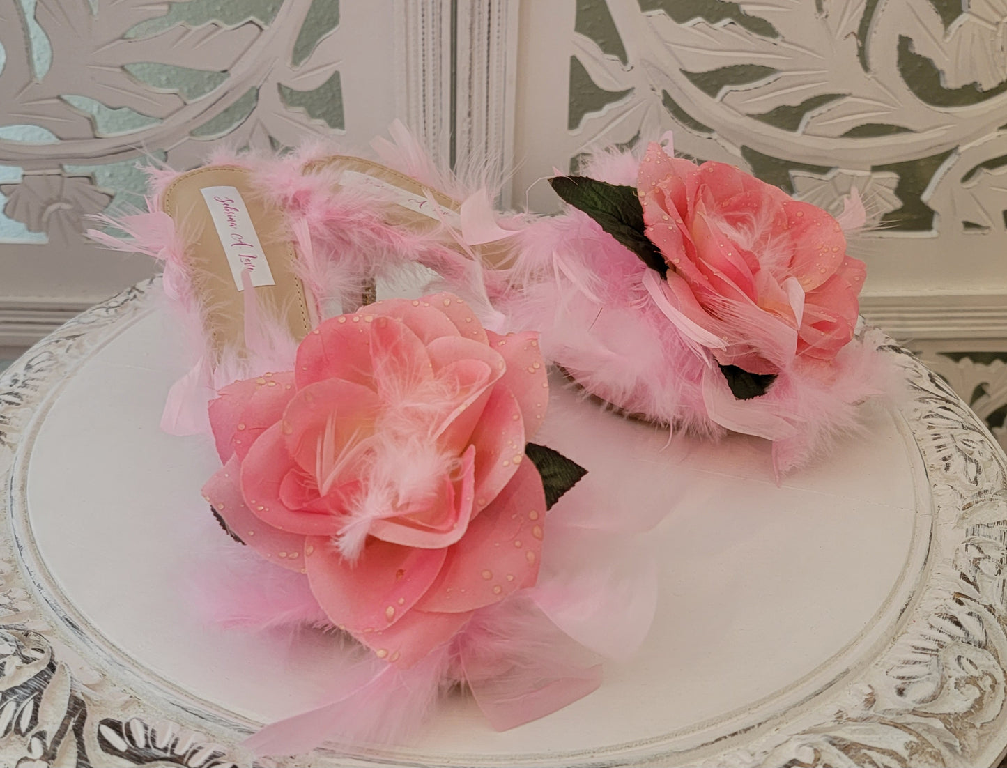 "LADY FEATHERINGTON" Baby Pink Feather Rose Crystal Mule Heels