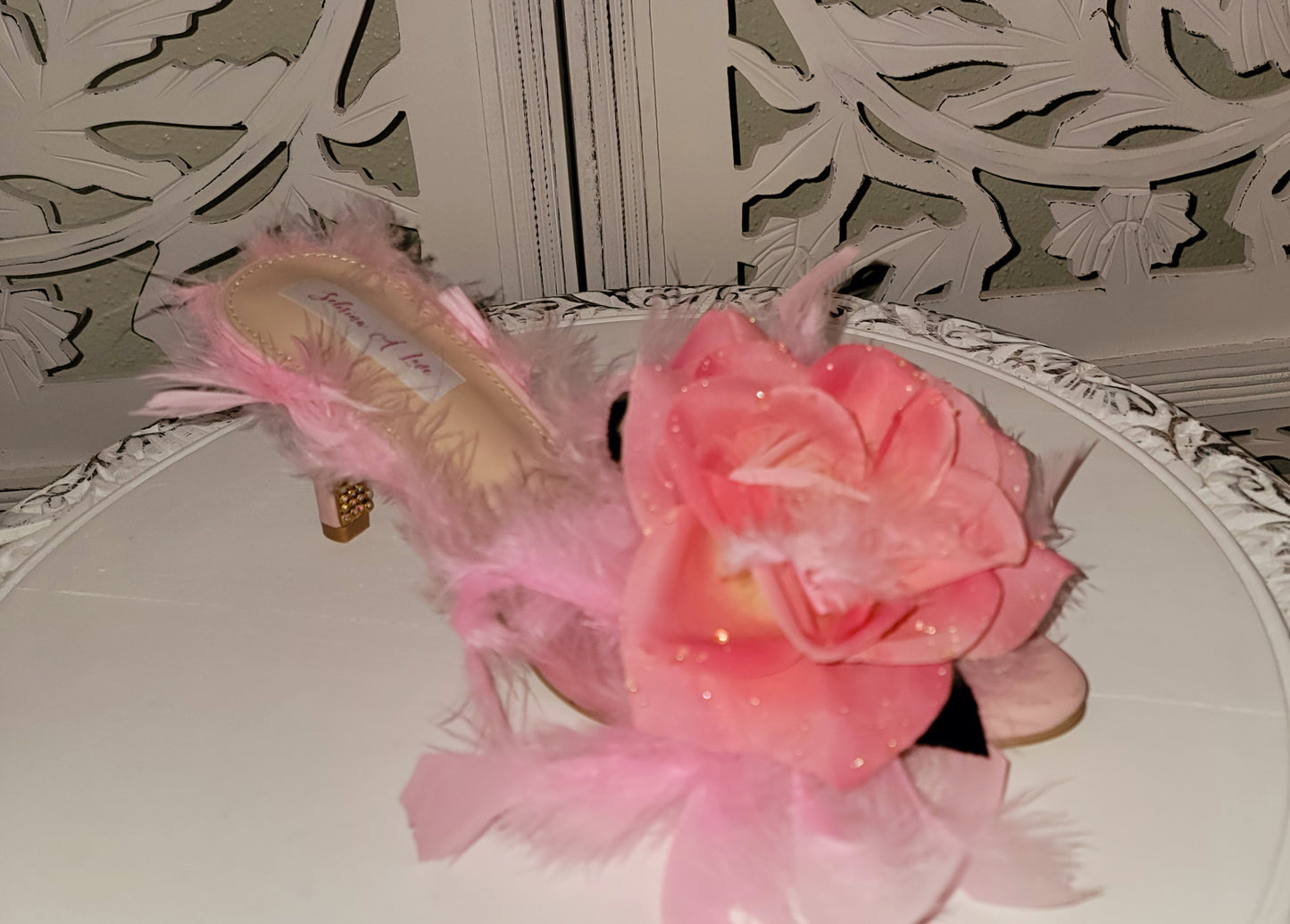 "LADY FEATHERINGTON" Baby Pink Feather Rose Crystal Mule Heels