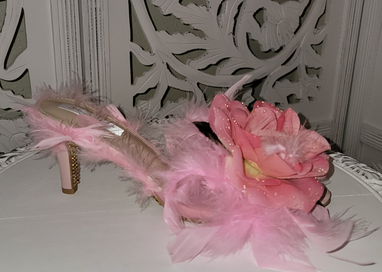 "LADY FEATHERINGTON" Baby Pink Feather Rose Crystal Mule Heels