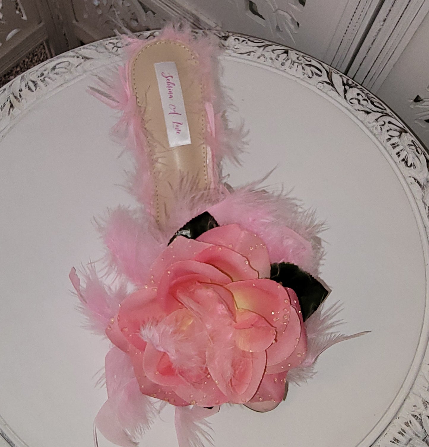 "LADY FEATHERINGTON" Baby Pink Feather Rose Crystal Mule Heels