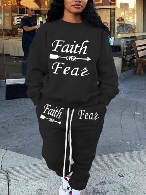 FAITH OVER FEAR Graphic Black & White Jogger Set