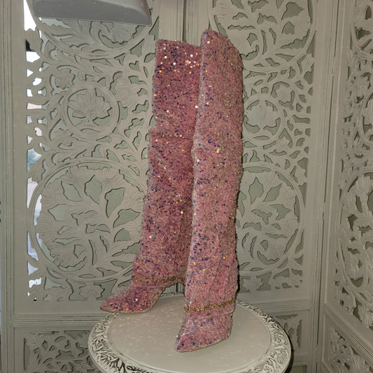 "KAYA" Iridescent Pink Sequin Velvet Over The Knee Boots