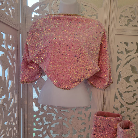 "KAYA" Iridescent Pink Sequin Velvet Shrug Sweater