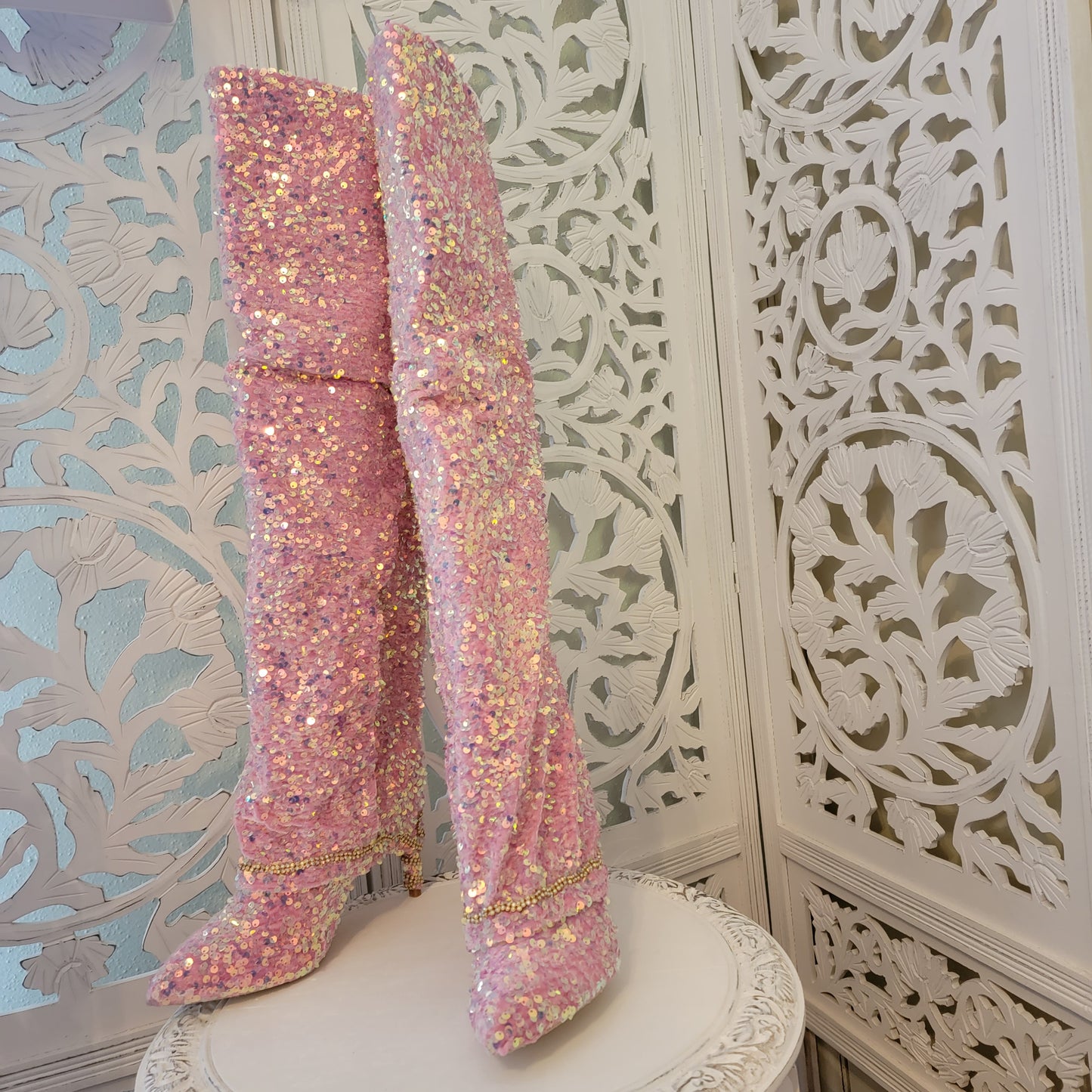 "KAYA" Iridescent Pink Sequin Velvet Over The Knee Boots