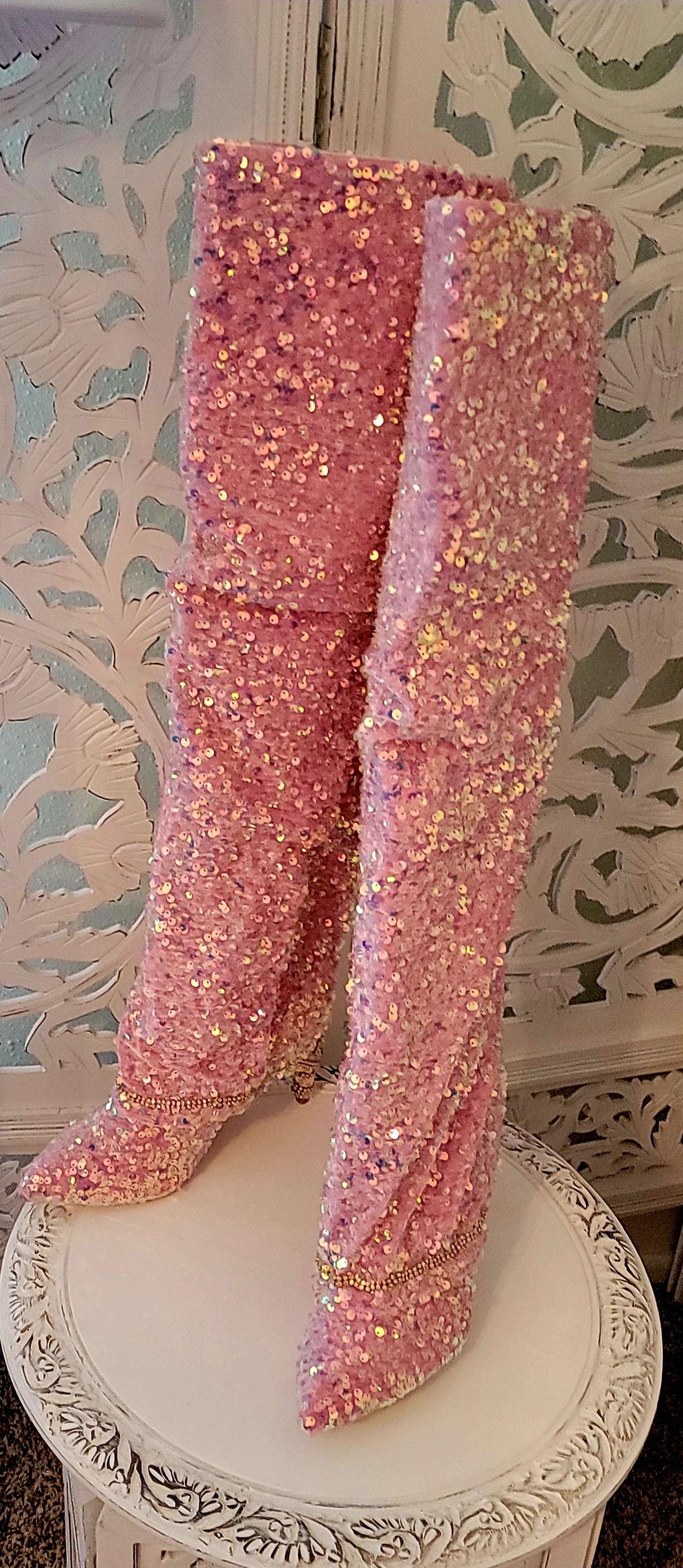 "KAYA" Iridescent Pink Sequin Velvet Over The Knee Boots