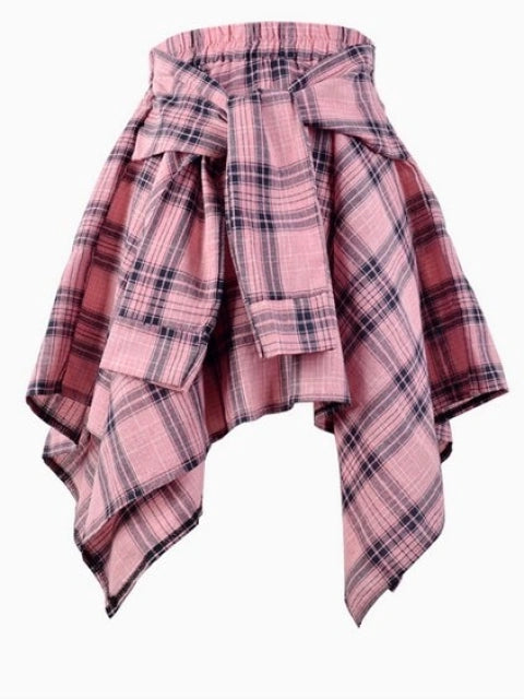 Pretty Pink Plaid Asymmetrical Handkerchief Mini Skirt