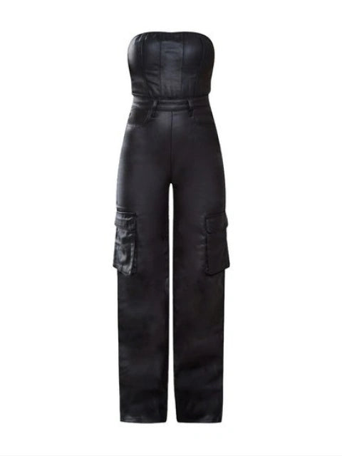 Sexy Black Faux Leather Strapless Cargo Jumpsuit Catsuit