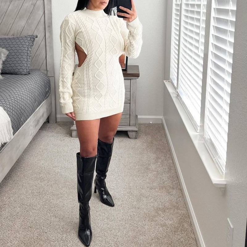 Sexy Ivory Cable Knit Backless Dress