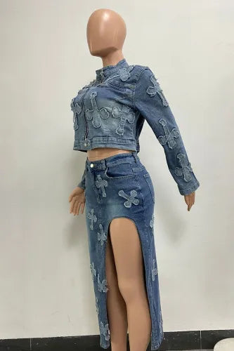 Sexy Denim Cross 2pc Jacket & Maxi Skirt Set