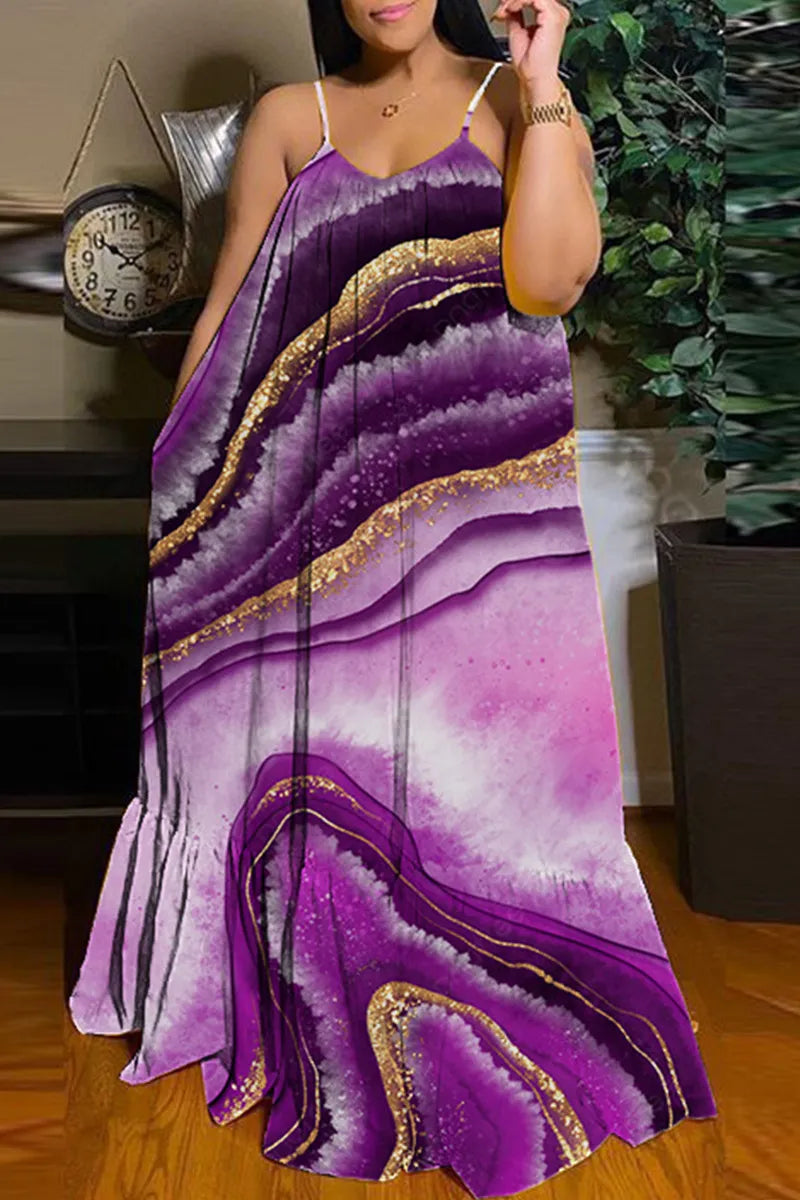 Purple Multicolor Wave Marble Print Sheath Maxi Dress