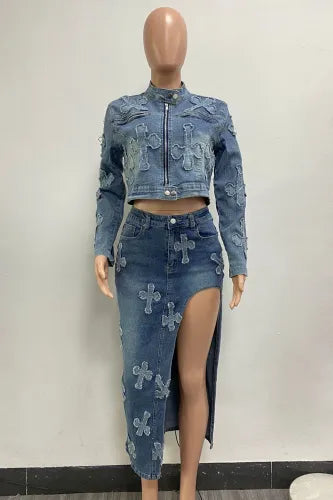 Sexy Denim Cross 2pc Jacket & Maxi Skirt Set