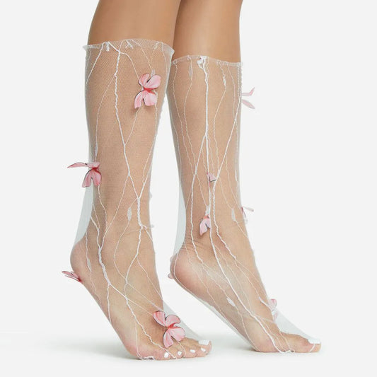 Ethereal White Lace Pink Butterfly Socks