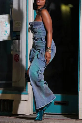 Sexy Strapless Blue Denim Cargo Maxi Dress