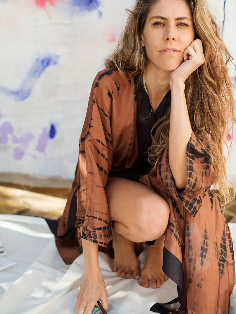 Boho Festival Chocolate Brown & Black Tie Dye Kimono