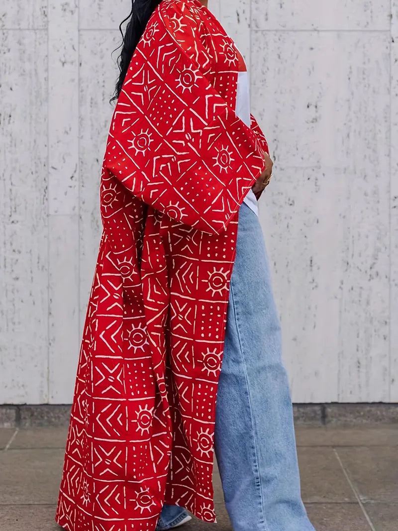 Exotic Red Print Kimono Duster