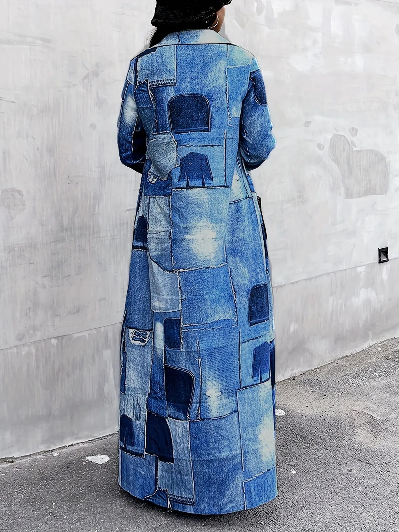 Denim Look Patchwork Print Duster Maxi Coat