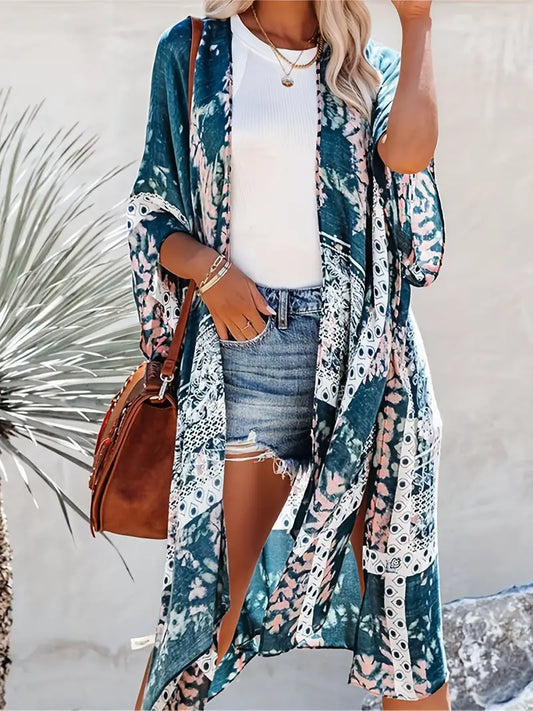 Exotic Boho Festival Blue Multicolor Tie Dye Print Kimono